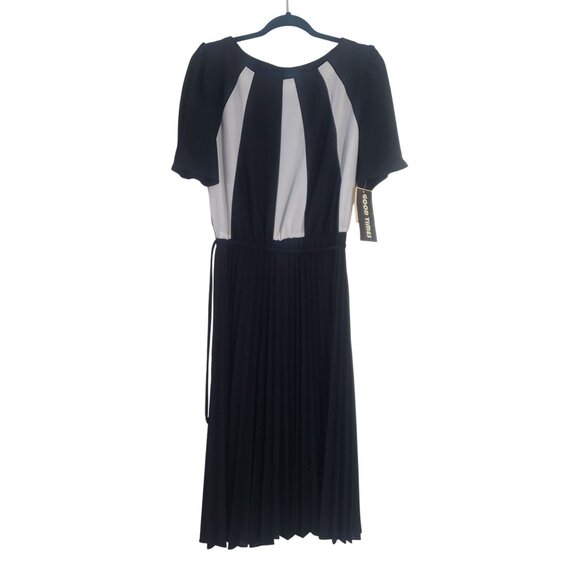 Vintage 80s Semi Sheer Black White Striped Pleated Day Dress Size S Retro Party - Picture 1 of 10